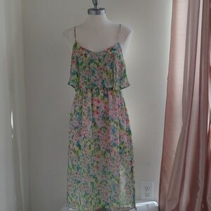 Topshop Womens Sheer Floral Midi Summer Dress Sz 6 Ruffle Romantic Fairy Boho